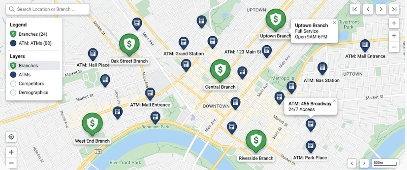 City map with green pins marking bank branches and navy pins marking ATMs