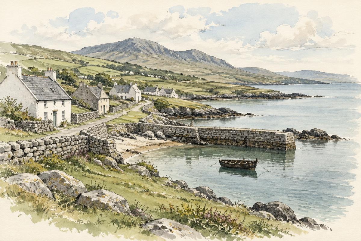 Watercolor sketch of a small coastal village in County Mayo, Ireland